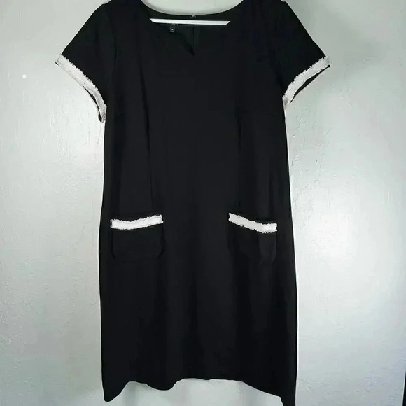 Talbots Black Fringe Tweed Dress Pockets Short Sleeve Stretch Size 16 - Picture 2 of 7